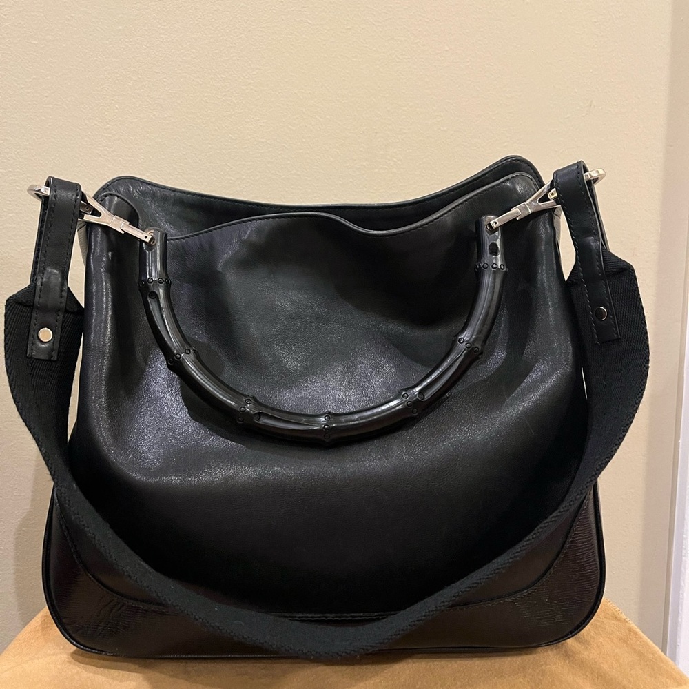 💯 Gucci Leather two way bag with bamboo handle, silver hardware